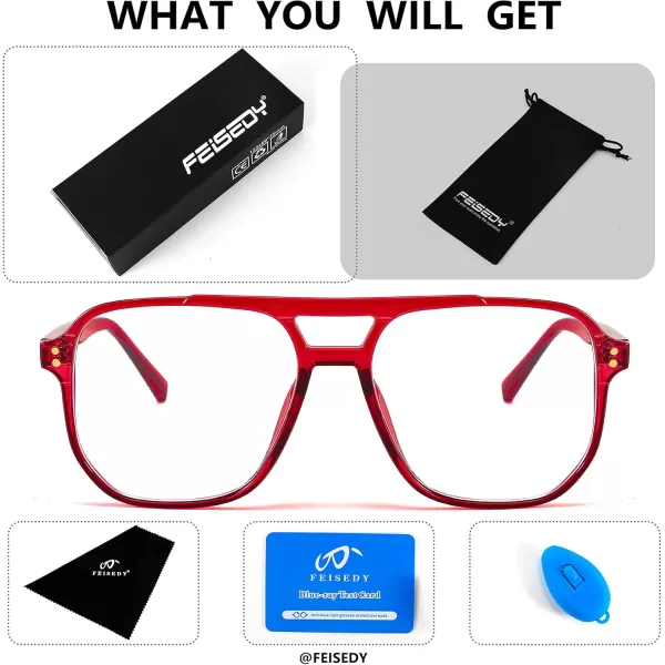 FEISEDY Blue Light Blocking Glasses Fake Nerd Clear Square Computer Lightweight Pilot Glasses Frame Oversized B2866Transparent Red Frame