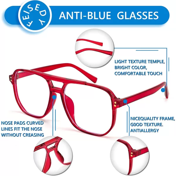 FEISEDY Blue Light Blocking Glasses Fake Nerd Clear Square Computer Lightweight Pilot Glasses Frame Oversized B2866Transparent Red Frame