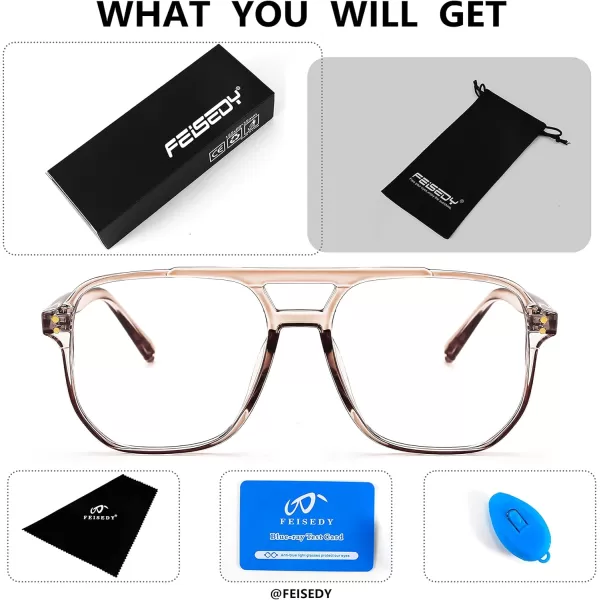FEISEDY Blue Light Blocking Glasses Fake Nerd Clear Square Computer Lightweight Pilot Glasses Frame Oversized B2866Transparent Tea Frame