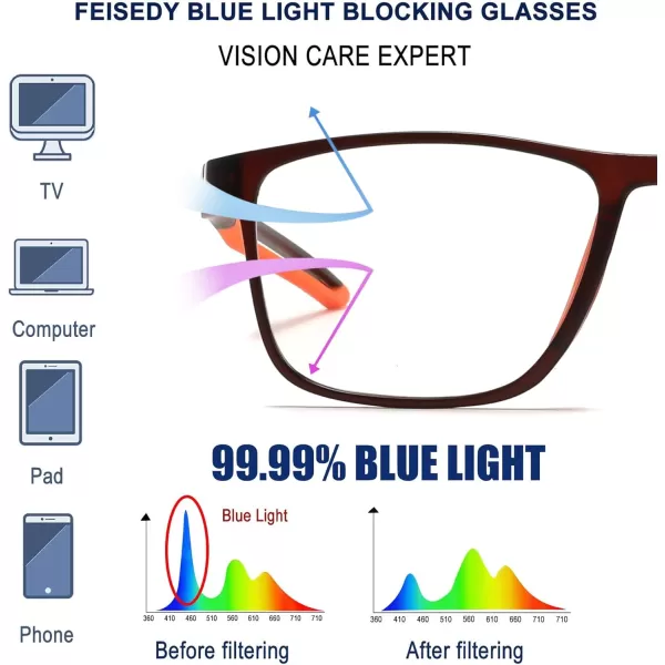 FEISEDY Blue Light Glasses for Women Men TR90 Sports UltraLight Glasses Anti Glare UV Protection B0109Sand Black Frame  Orange Legs
