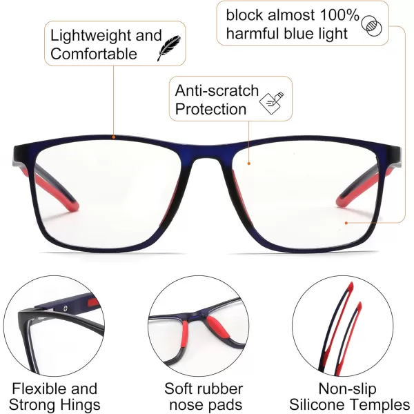 FEISEDY Blue Light Glasses for Women Men TR90 Sports UltraLight Glasses Anti Glare UV Protection B0109Sand Blue Frame  Red Legs