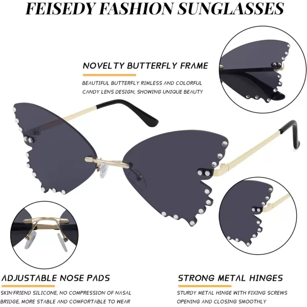 FEISEDY Butterfly Rimless Sunglasses for Women Fashion Metal Frame Sunglasses B4065Black