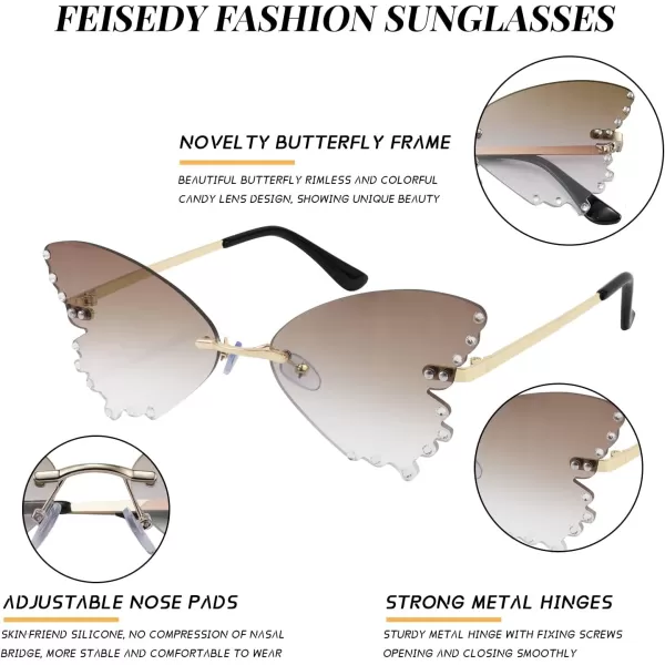 FEISEDY Butterfly Rimless Sunglasses for Women Fashion Metal Frame Sunglasses B4065Gradual Brown