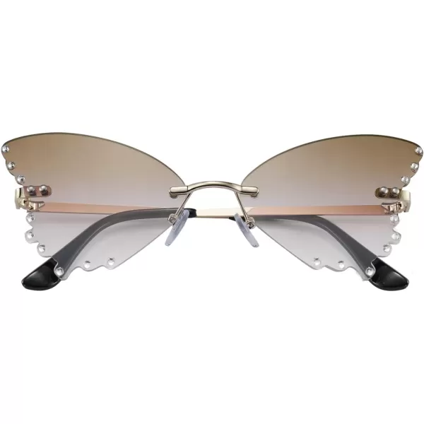 FEISEDY Butterfly Rimless Sunglasses for Women Fashion Metal Frame Sunglasses B4065Gradual Brown