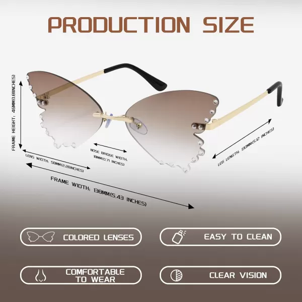 FEISEDY Butterfly Rimless Sunglasses for Women Fashion Metal Frame Sunglasses B4065Gradual Brown