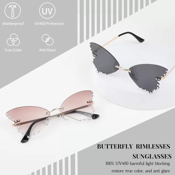FEISEDY Butterfly Rimless Sunglasses for Women Fashion Metal Frame Sunglasses B4065Gradual Brown
