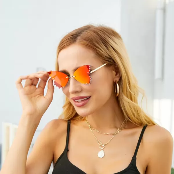FEISEDY Butterfly Rimless Sunglasses for Women Fashion Metal Frame Sunglasses B4065Red Mirror