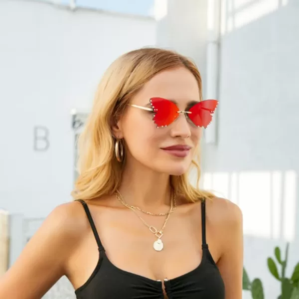 FEISEDY Butterfly Rimless Sunglasses for Women Fashion Metal Frame Sunglasses B4065Red Mirror