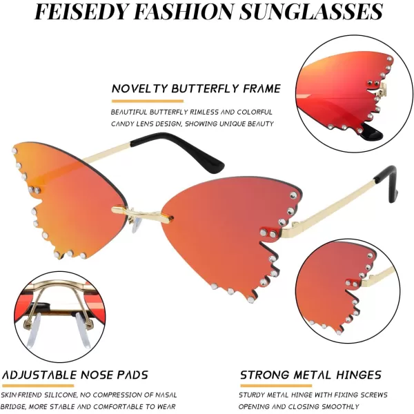 FEISEDY Butterfly Rimless Sunglasses for Women Fashion Metal Frame Sunglasses B4065Red Mirror