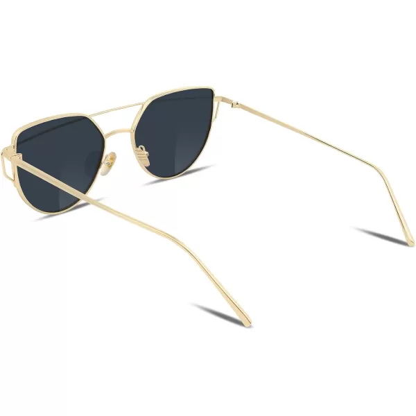 FEISEDY Cat Eye Fashion Metal Frame Mirrored Flat Lenses Women Sunglasses B220605 Gold Frame Grey Lens