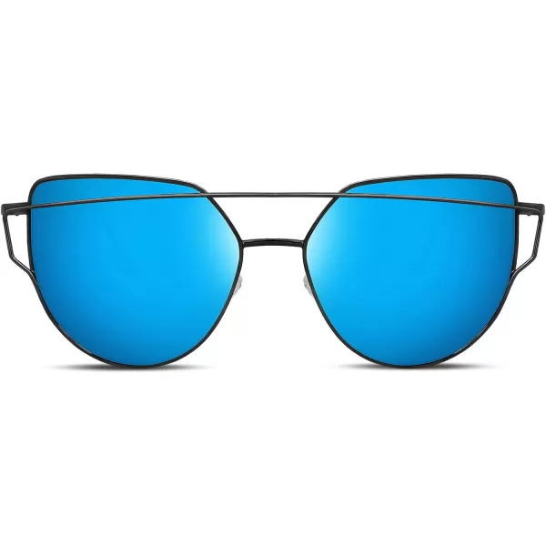 FEISEDY Cat Eye Fashion Metal Frame Mirrored Flat Lenses Women Sunglasses B220607 Black Frame Blue Mirror Lens