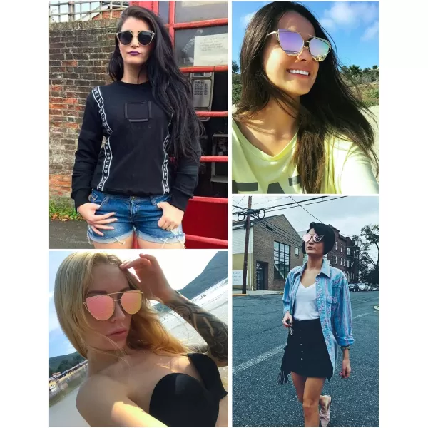 FEISEDY Cat Eye Fashion Metal Frame Mirrored Flat Lenses Women Sunglasses B220607 Black Frame Blue Mirror Lens
