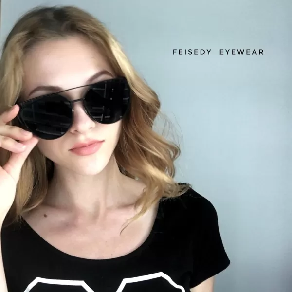 FEISEDY Cat Eye Fashion Metal Frame Mirrored Flat Lenses Women Sunglasses B220607 Black Frame Blue Mirror Lens