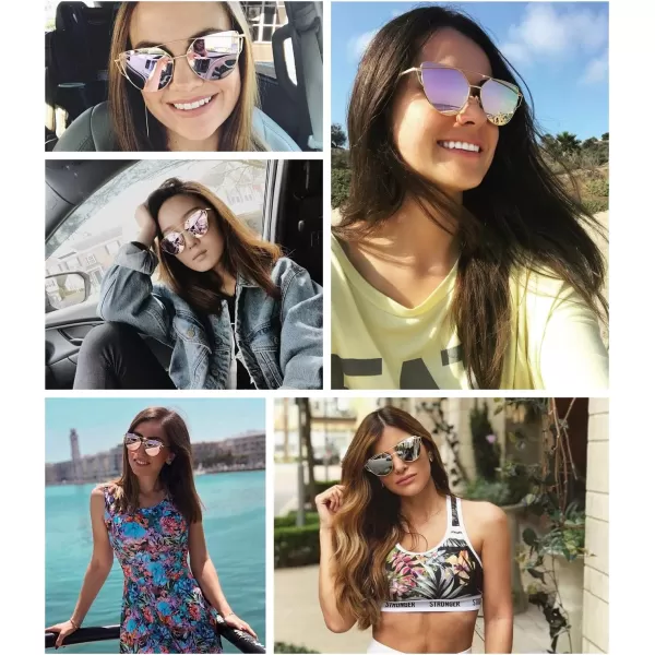 FEISEDY Cat Eye Fashion Metal Frame Mirrored Flat Lenses Women Sunglasses B220608 Silver Frame Blue Mirror Lens