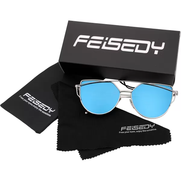FEISEDY Cat Eye Fashion Metal Frame Mirrored Flat Lenses Women Sunglasses B220608 Silver Frame Blue Mirror Lens