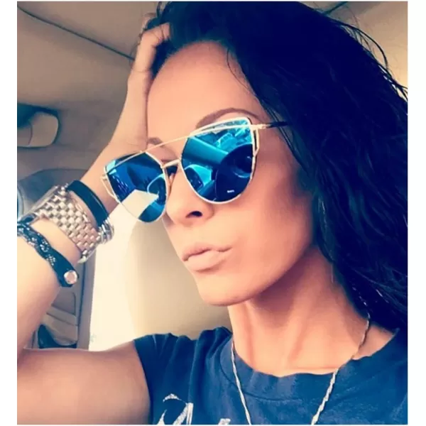 FEISEDY Cat Eye Fashion Metal Frame Mirrored Flat Lenses Women Sunglasses B220609 Gold Frame Blue Mirror Lens