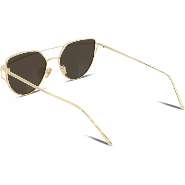 FEISEDY Cat Eye Fashion Metal Frame Mirrored Flat Lenses Women Sunglasses B220609 Gold Frame Blue Mirror Lens