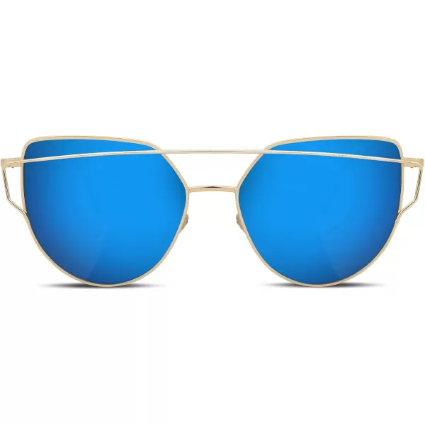 FEISEDY Cat Eye Fashion Metal Frame Mirrored Flat Lenses Women Sunglasses B220609 Gold Frame Blue Mirror Lens