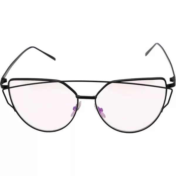 FEISEDY Cat Eye Fashion Metal Frame Mirrored Flat Lenses Women Sunglasses B220610 Black Frame Transparent Lens