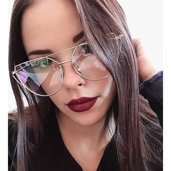 FEISEDY Cat Eye Fashion Metal Frame Mirrored Flat Lenses Women Sunglasses B220610 Black Frame Transparent Lens