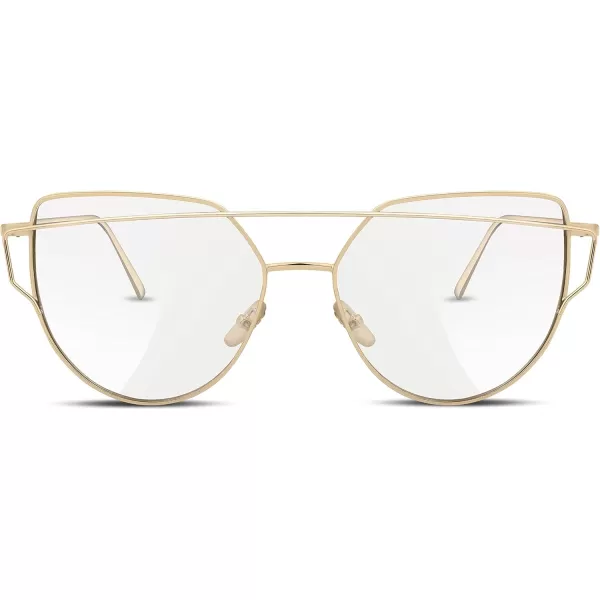 FEISEDY Cat Eye Fashion Metal Frame Mirrored Flat Lenses Women Sunglasses B220611 Gold Frame Transparent Lens