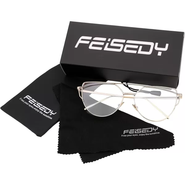 FEISEDY Cat Eye Fashion Metal Frame Mirrored Flat Lenses Women Sunglasses B220611 Gold Frame Transparent Lens