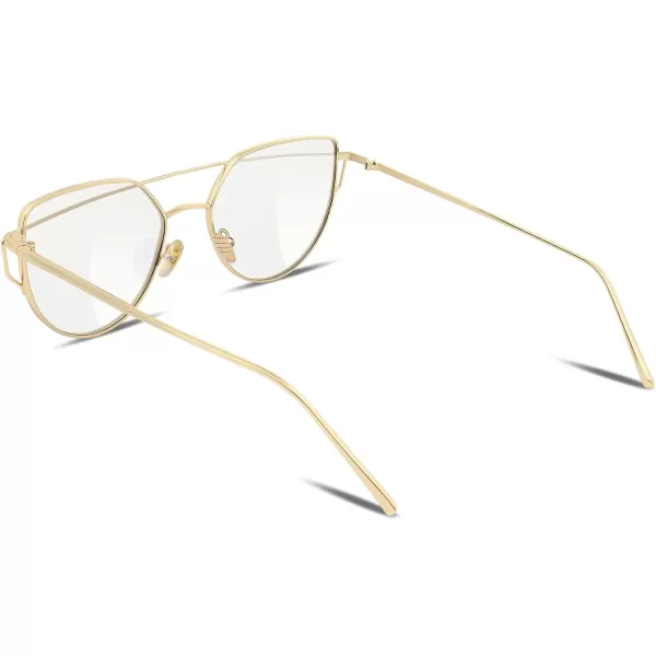 FEISEDY Cat Eye Fashion Metal Frame Mirrored Flat Lenses Women Sunglasses B220611 Gold Frame Transparent Lens