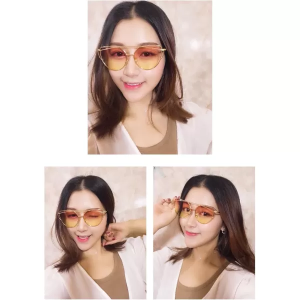 FEISEDY Cat Eye Fashion Metal Frame Mirrored Flat Lenses Women Sunglasses B220611 Gold Frame Transparent Lens