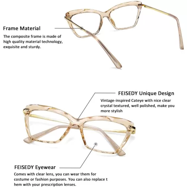 FEISEDY Cat Eye Glasses Frame Clear Lenses Eyewear Women B2440Champagne