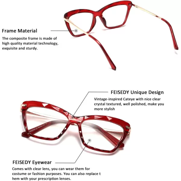 FEISEDY Cat Eye Glasses Frame Clear Lenses Eyewear Women B2440Wine Red