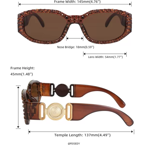 FEISEDY Chunky Rectangle 90s Sunglasses Men Women Crystal Sunglasses UV400 Sparkling Fahion Temple B2880004 Brown Frame With Brown Crystals