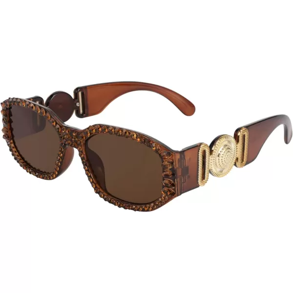 FEISEDY Chunky Rectangle 90s Sunglasses Men Women Crystal Sunglasses UV400 Sparkling Fahion Temple B2880004 Brown Frame With Brown Crystals
