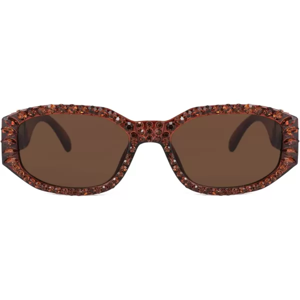 FEISEDY Chunky Rectangle 90s Sunglasses Men Women Crystal Sunglasses UV400 Sparkling Fahion Temple B2880004 Brown Frame With Brown Crystals