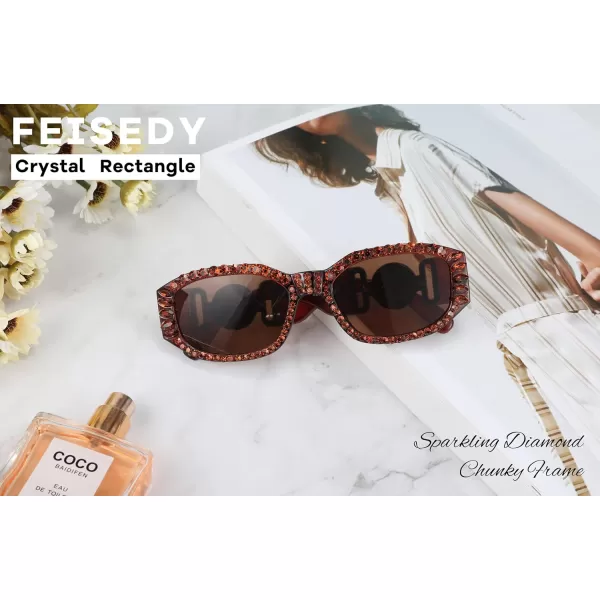 FEISEDY Chunky Rectangle 90s Sunglasses Men Women Crystal Sunglasses UV400 Sparkling Fahion Temple B2880004 Brown Frame With Brown Crystals