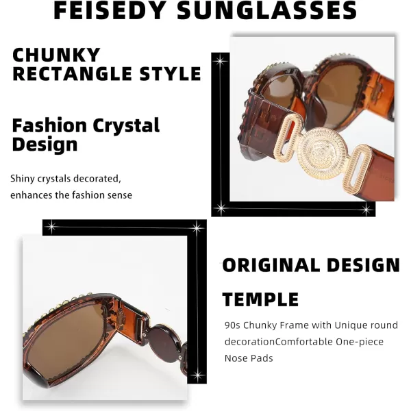 FEISEDY Chunky Rectangle 90s Sunglasses Men Women Crystal Sunglasses UV400 Sparkling Fahion Temple B2880004 Brown Frame With Brown Crystals
