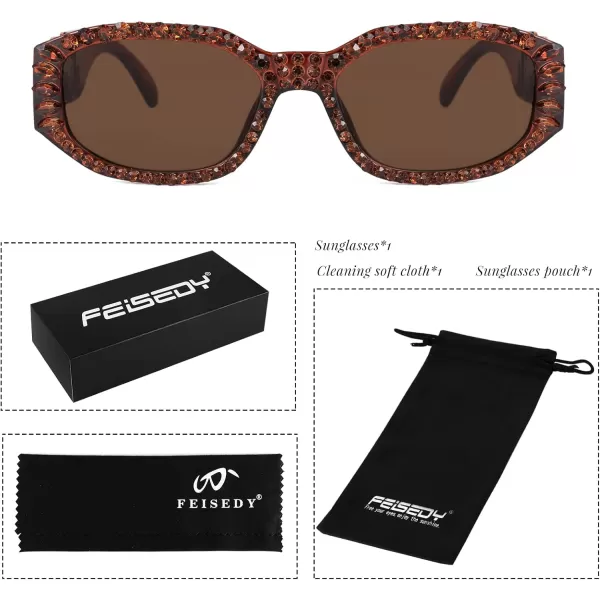 FEISEDY Chunky Rectangle 90s Sunglasses Men Women Crystal Sunglasses UV400 Sparkling Fahion Temple B2880004 Brown Frame With Brown Crystals