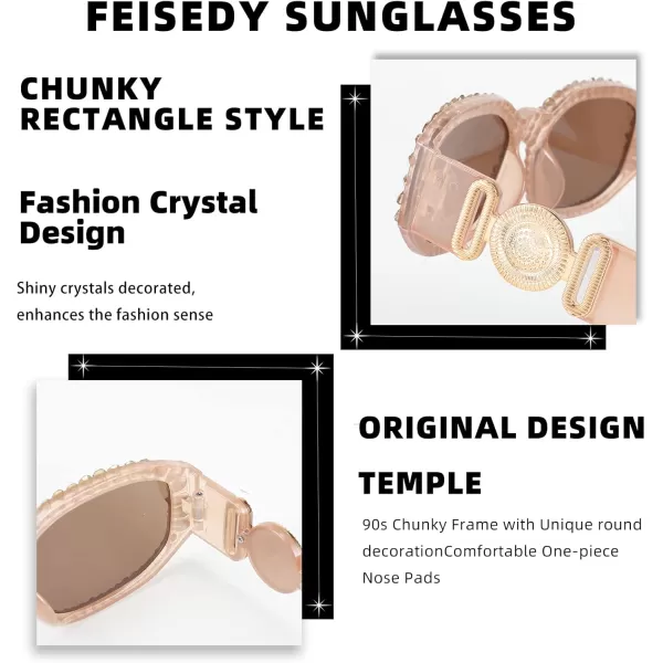 FEISEDY Chunky Rectangle 90s Sunglasses Men Women Crystal Sunglasses UV400 Sparkling Fahion Temple B2880005 Champagne Frame With Citrine Crystals