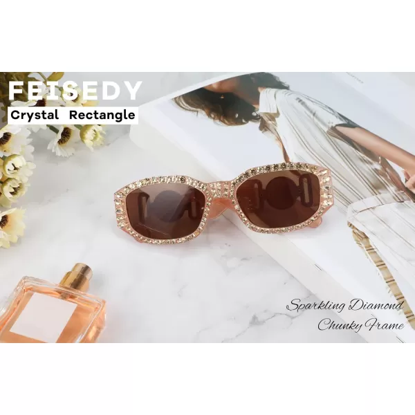 FEISEDY Chunky Rectangle 90s Sunglasses Men Women Crystal Sunglasses UV400 Sparkling Fahion Temple B2880005 Champagne Frame With Citrine Crystals