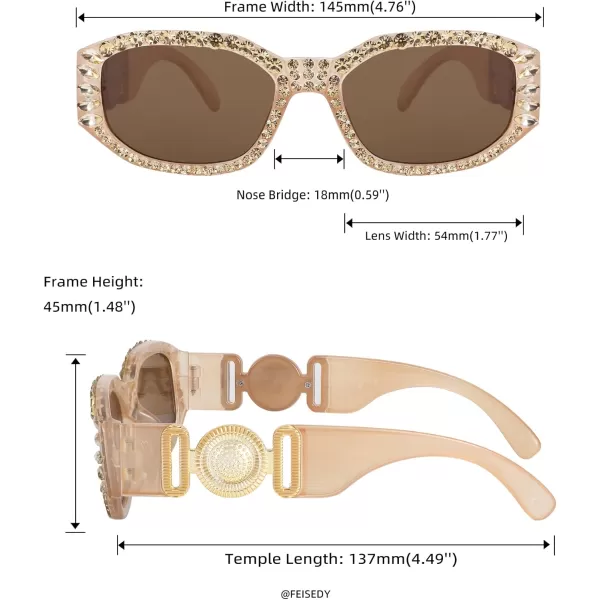 FEISEDY Chunky Rectangle 90s Sunglasses Men Women Crystal Sunglasses UV400 Sparkling Fahion Temple B2880005 Champagne Frame With Citrine Crystals