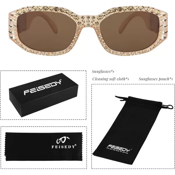 FEISEDY Chunky Rectangle 90s Sunglasses Men Women Crystal Sunglasses UV400 Sparkling Fahion Temple B2880005 Champagne Frame With Citrine Crystals