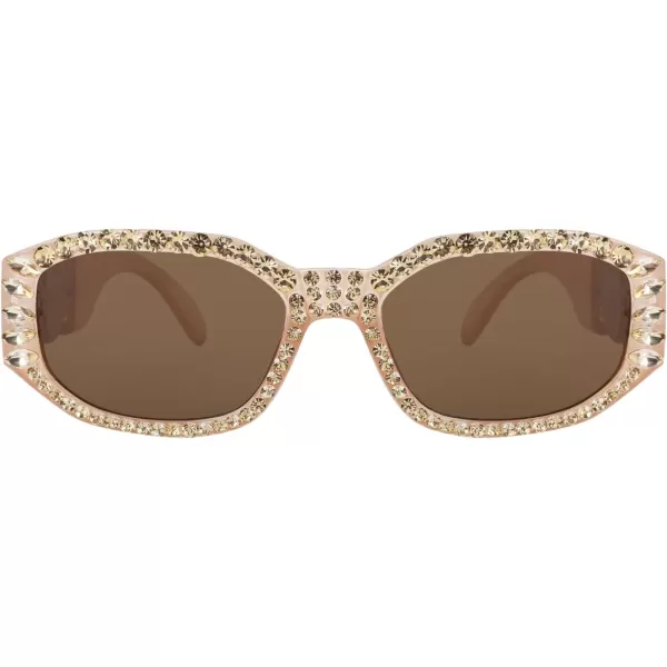 FEISEDY Chunky Rectangle 90s Sunglasses Men Women Crystal Sunglasses UV400 Sparkling Fahion Temple B2880005 Champagne Frame With Citrine Crystals