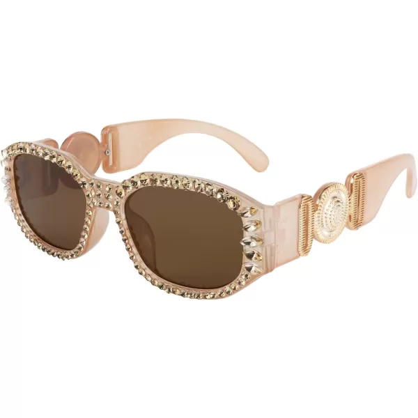 FEISEDY Chunky Rectangle 90s Sunglasses Men Women Crystal Sunglasses UV400 Sparkling Fahion Temple B2880005 Champagne Frame With Citrine Crystals