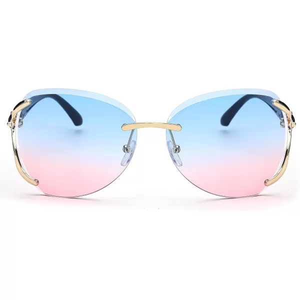 FEISEDY Classic Rimless Sunglasses Women Metal Frame Diamond Cutting Lens Ladies Large Fox Shades B4110Blue Pink
