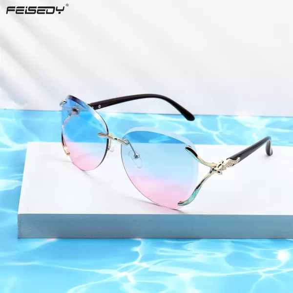 FEISEDY Classic Rimless Sunglasses Women Metal Frame Diamond Cutting Lens Ladies Large Fox Shades B4110Blue Pink