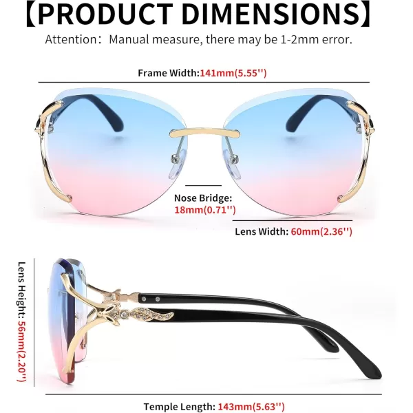 FEISEDY Classic Rimless Sunglasses Women Metal Frame Diamond Cutting Lens Ladies Large Fox Shades B4110Blue Pink
