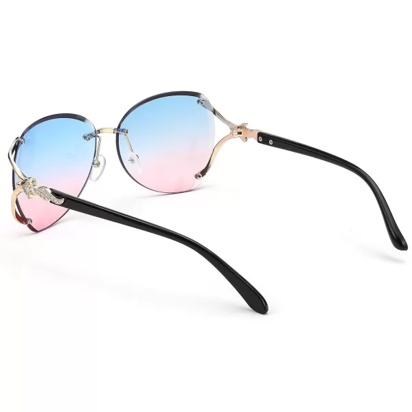FEISEDY Classic Rimless Sunglasses Women Metal Frame Diamond Cutting Lens Ladies Large Fox Shades B4110Blue Pink
