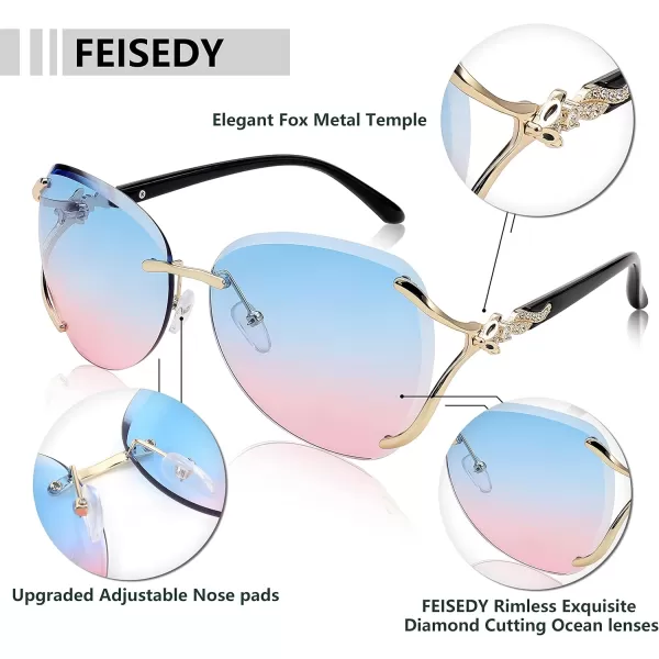 FEISEDY Classic Rimless Sunglasses Women Metal Frame Diamond Cutting Lens Ladies Large Fox Shades B4110Blue Pink