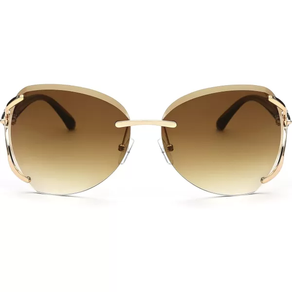 FEISEDY Classic Rimless Sunglasses Women Metal Frame Diamond Cutting Lens Ladies Large Fox Shades B4110Gradient Brown