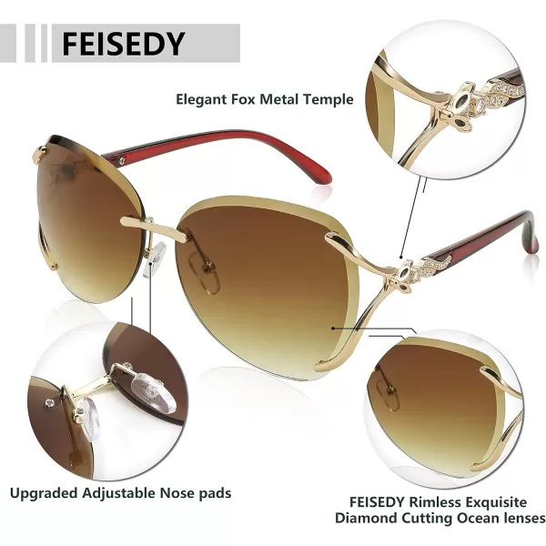 FEISEDY Classic Rimless Sunglasses Women Metal Frame Diamond Cutting Lens Ladies Large Fox Shades B4110Gradient Brown