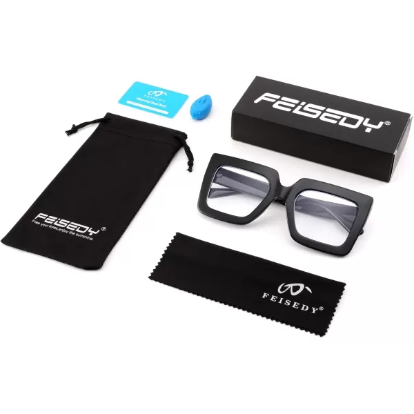 FEISEDY Fashion Oversized Blue Light Glasses for Women Anti Fatigue Thick Square Computer Eyewear B2381Black